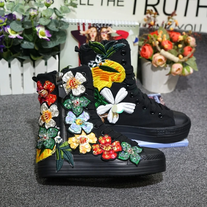 

Тонкие холщовые туфли ручной работы, модные брендовые кроссовки на толстой подошве с бантом и бисером