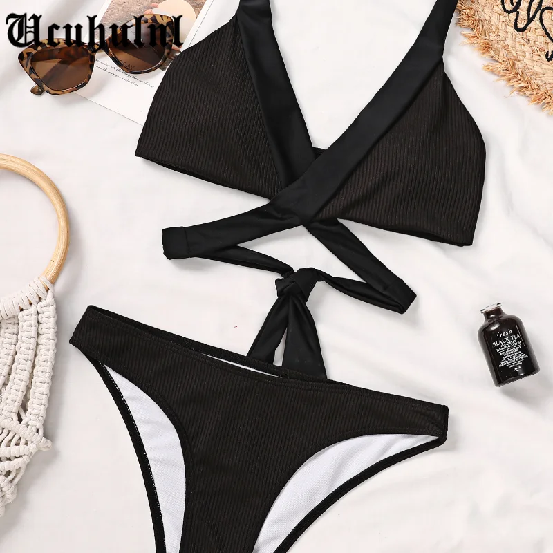 

Black bikini 2021 Lace up swimwear female Bandage swimsuit women Sexy 2 pieces set Sports bathing suit biquini summer