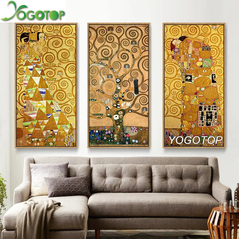 Pintura de diamante 5D Diy para decoración del hogar, mosaico con bordado de diamantes, árbol de la vida del beso de Gustav Klimt, rompecabezas completo, tríptico ML1281, 3 paneles