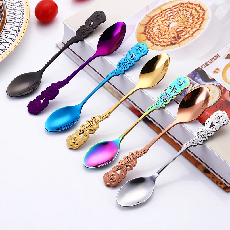 

1Pc Stainless Steel Rose Flower Handle Colored Spoon Creative Mirror Polished Food Dessert Drinks Coffee Spoon Tableware