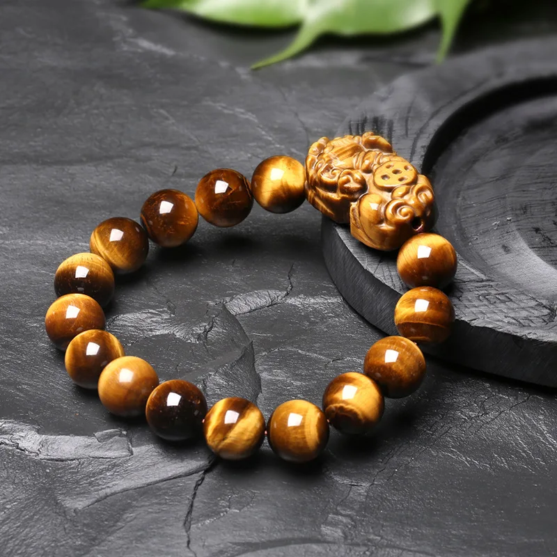 

10mm 12mm Original Natural Beads Tiger Eye Bracelet Fengshui Pixiu Good Luck Wealth Health Bangle Men Women Jewelry Gift