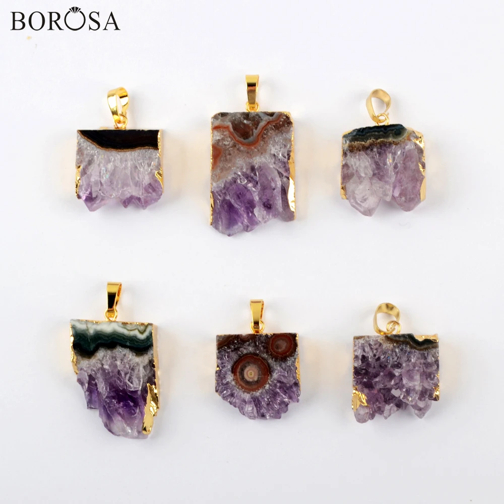 

BOROSA 5Pcs New Raw Natural Amethysts Pendant Necklace Jewelry Findings Freeform Gold Crystal for Necklace Women Jewelry G1953