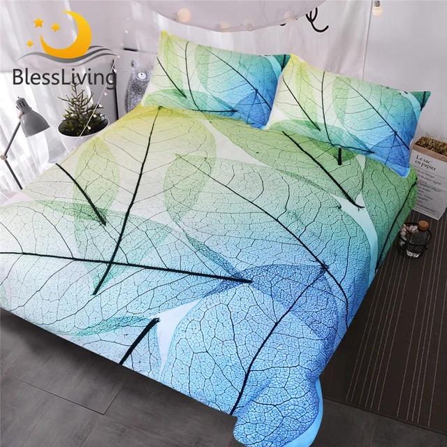 BlessLiving Plant Leaves Bedding Set Queen Transparent Leaf Texture Duvet Cover Nature Home Textiles 3pcs Green Blue Bedspreads 1