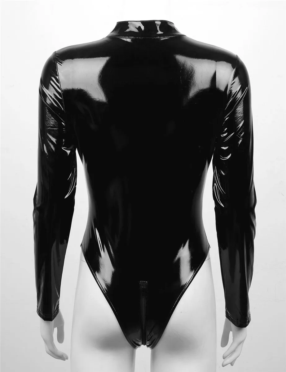 

Womens Leather Bodysuit Cluwear Wet Look Buckled Neck Front Cutout Double-ended Zipper Lingerie Latex Leotard Bodysuit Nightwear