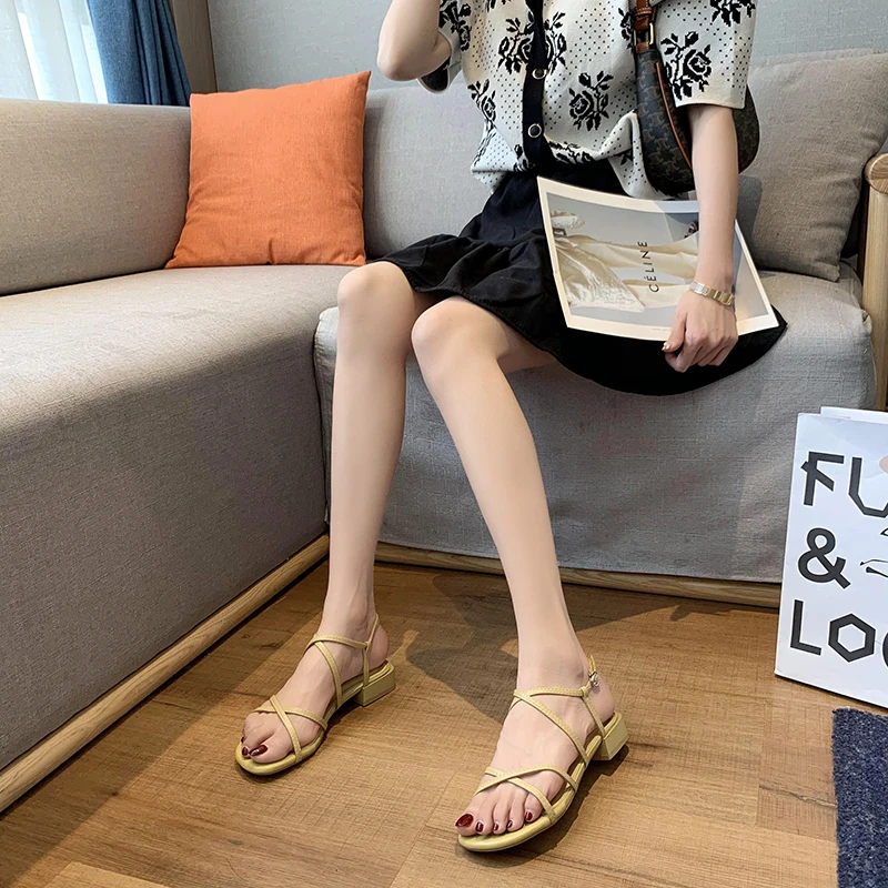 

Beige Heeled Sandals 2021 Women's Buckle Strap Female Shoe All-Match Black New Girls Low Comfort Summer Fashion Block Gladiator