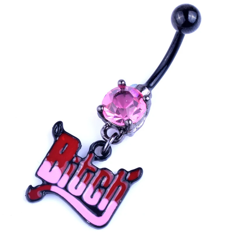 

Punk Pink Zircon Stainless Steel Belly Button Ring Dripping Oil Letter Dangling Navel Ring Women Body Piercing Jewelry