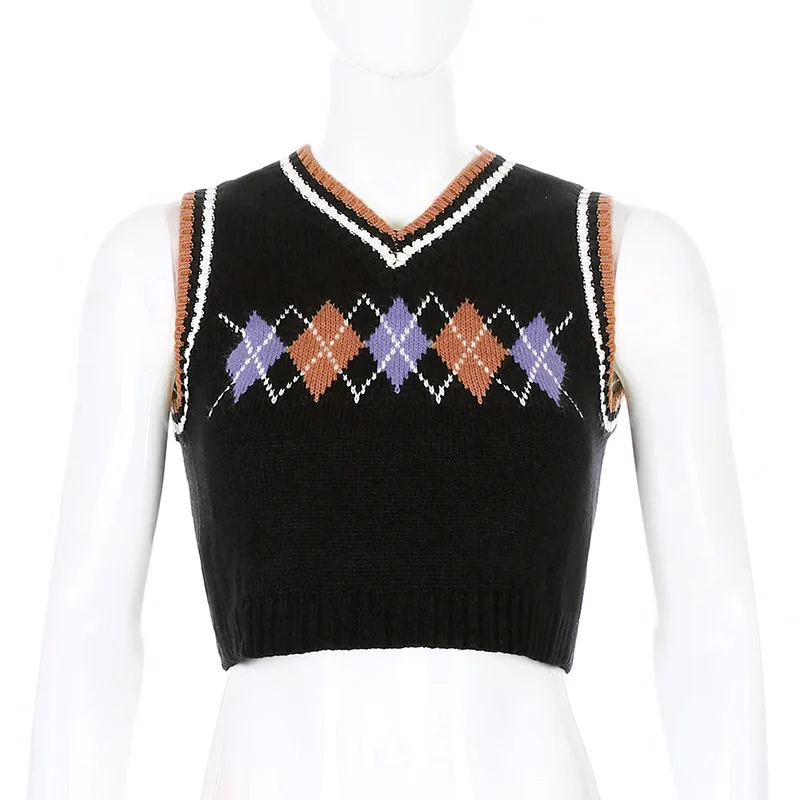 

Retro Sleeveless Y2K Argyle Sweater Vest Vintage V Neck Plaid Knitted Mini Vest Crop Top Autumn 90s Women Preppy Style Tank Top