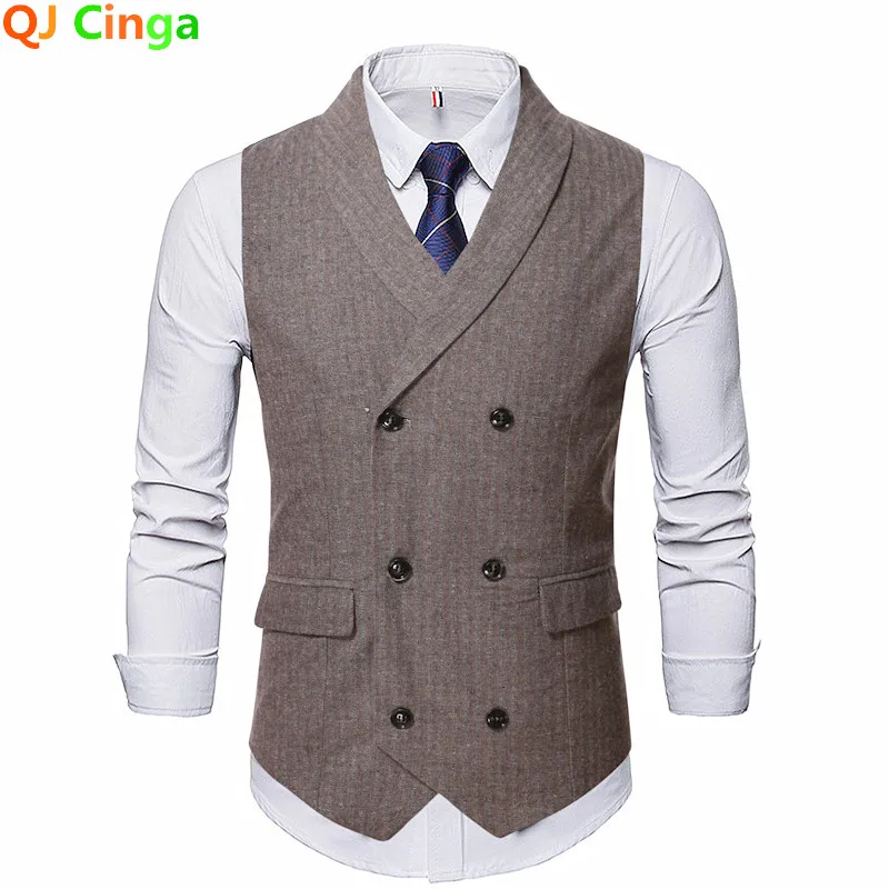 

Brown Double Breasted Striped Waistcoat, Men's V Neck Sleeveless Waistcoat, Grey Navy Check Business/wedding Party Top S-XXL 3XL