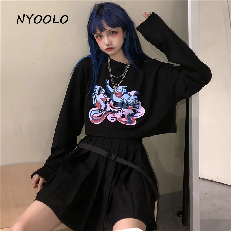 NYOOLO Harajuku стиль spoof мультфильм печати футболка осень уличная свободная o-образным вырезом с длинным рукавом Футболка женская мужская одежда Топ
