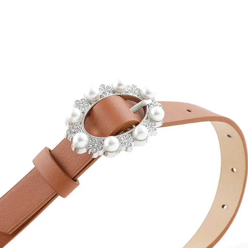 

Women Belts Luxury Brand Pearl Rhinestones Decoration Buckle Leather Belt Casual Ladies Waist Belts Female Waistband