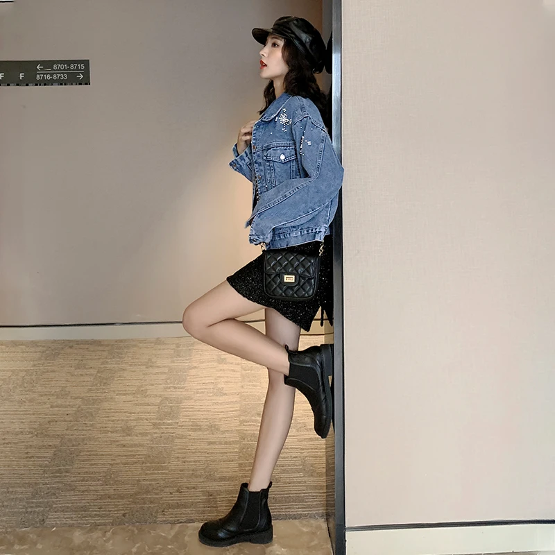 Pearl Beading Crop Short Denim Jackets Women White Wash Long Sleeve Vintage Casual Jean Jacket Bomber Coat Female Basic Ou |