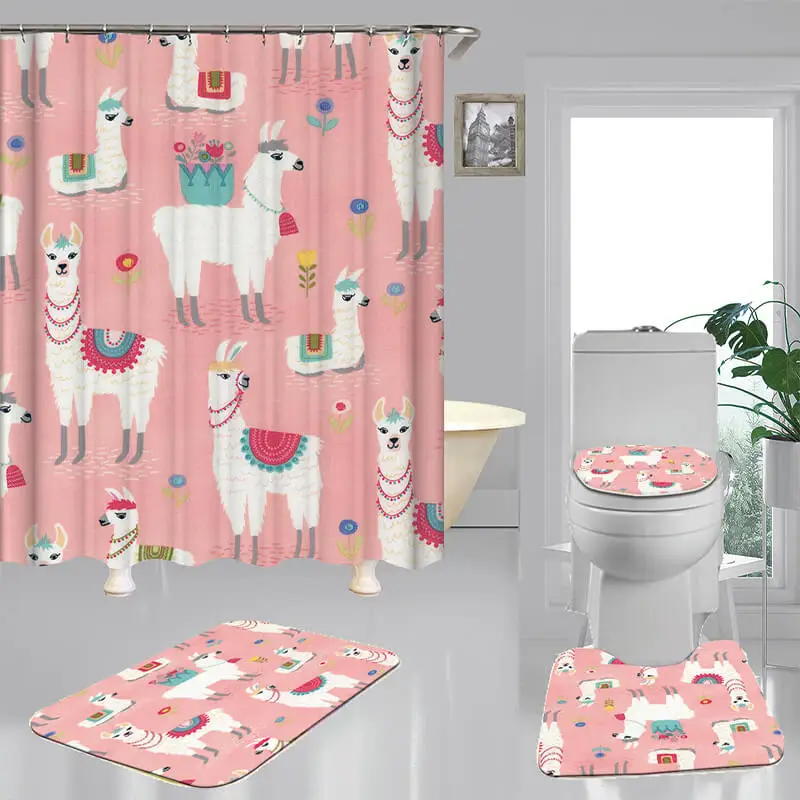 

Симпатичный фланелевый нескользящий коврик с узором в виде ламы, покрывающий унитаз, коврики, занавески для душа с 12 крючками, набор декора ...