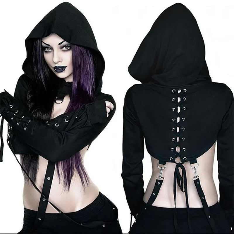 Women Fashion Black Gothic Hoodie Crop Top Rivet Straps Cosplay Costume short sweatshirt Halloween costume | Тематическая одежда и