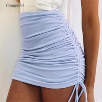 fashion ribbed bodycon elastic high waist skirt drawstring mini skirt women asymmetrical ruched summer skirts bottom