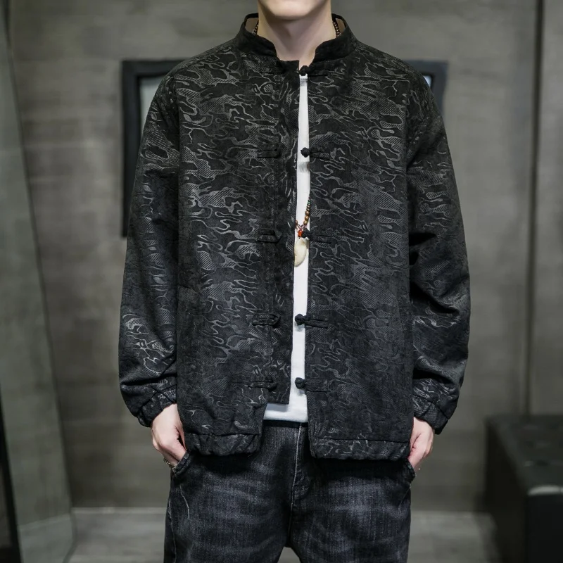 Куртка мужская оверсайз однотонная с драконом жаккардовая