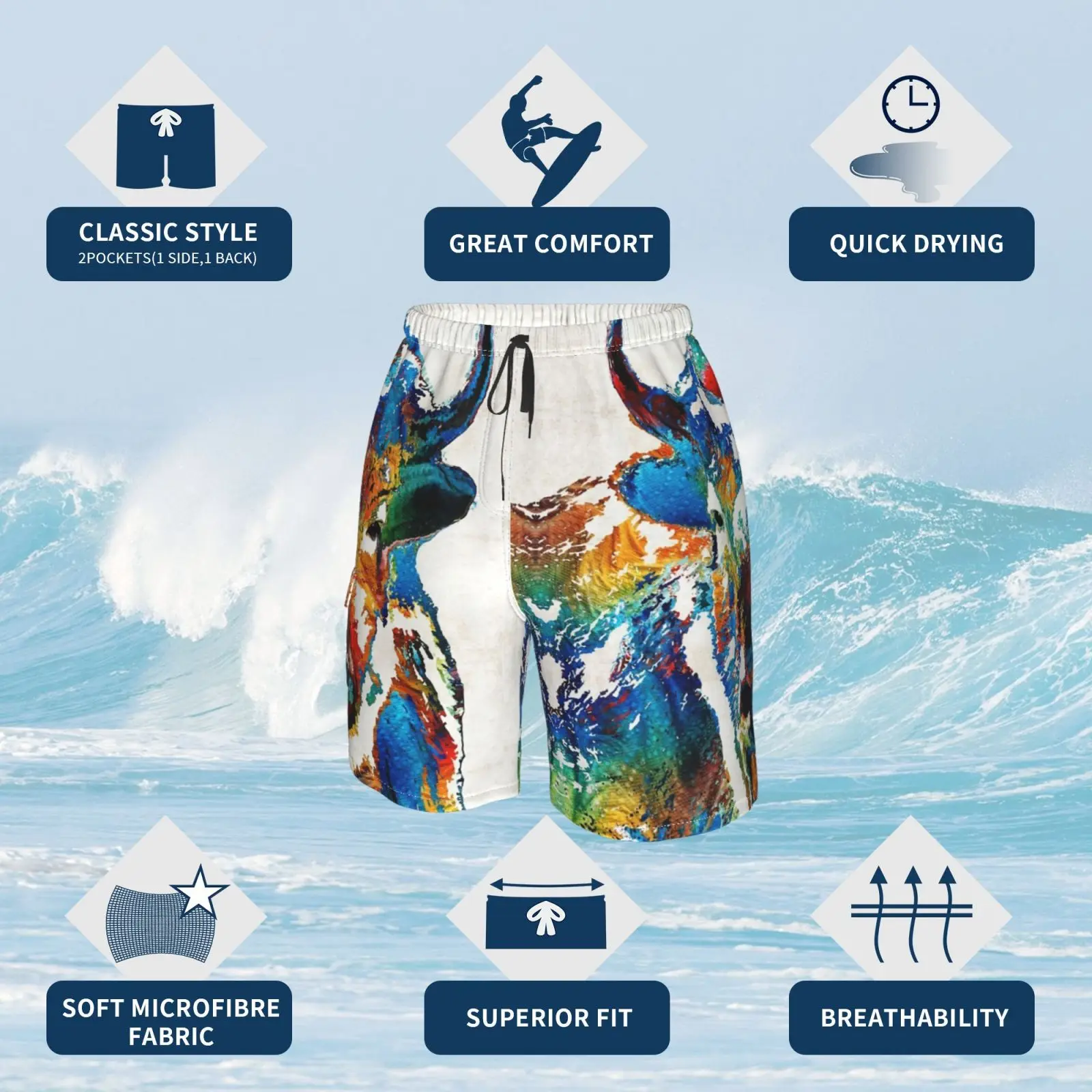 Пляжные шорты с ярким рисунком буйвола Шэрон КАММИНГЗ буйвол Белый дикая