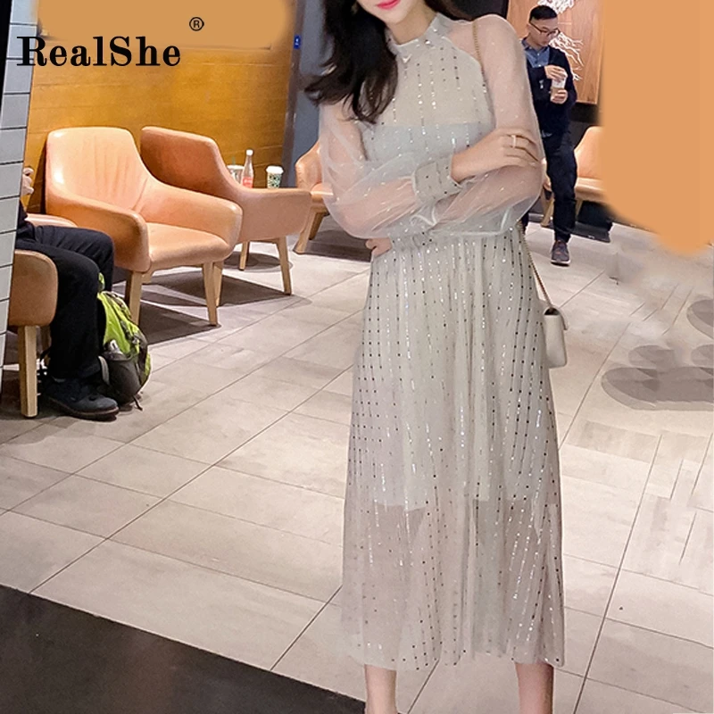 RealShe женское макси платье 2020 круглый вырез рукав фонарик пайетки сетка длинное