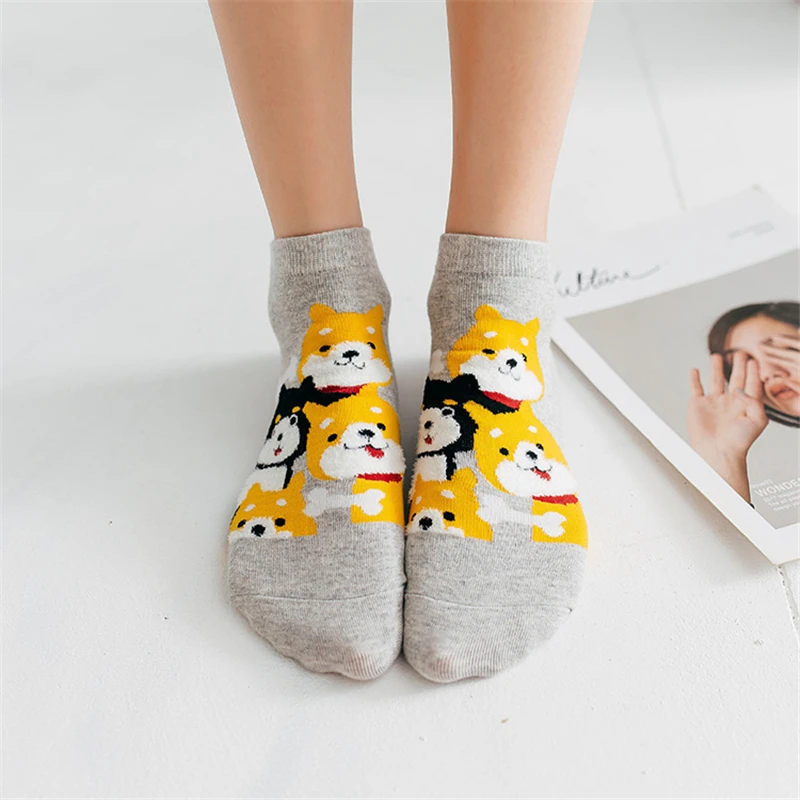Cute cartoon shiba feather decorated ankle socks girls funny fox dog chick cat rabbit short unisex animal sox Dropship | Женская одежда