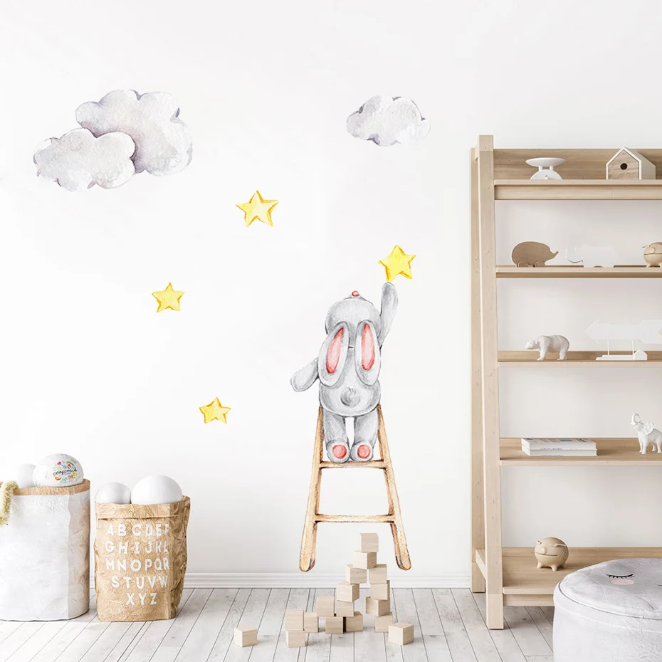 

Cute Watercolor Bunny on the Stairs Stars Clouds Removable Wall Decals Nursery Art Stickers Posters PVC Girls Bedroom Home Decor