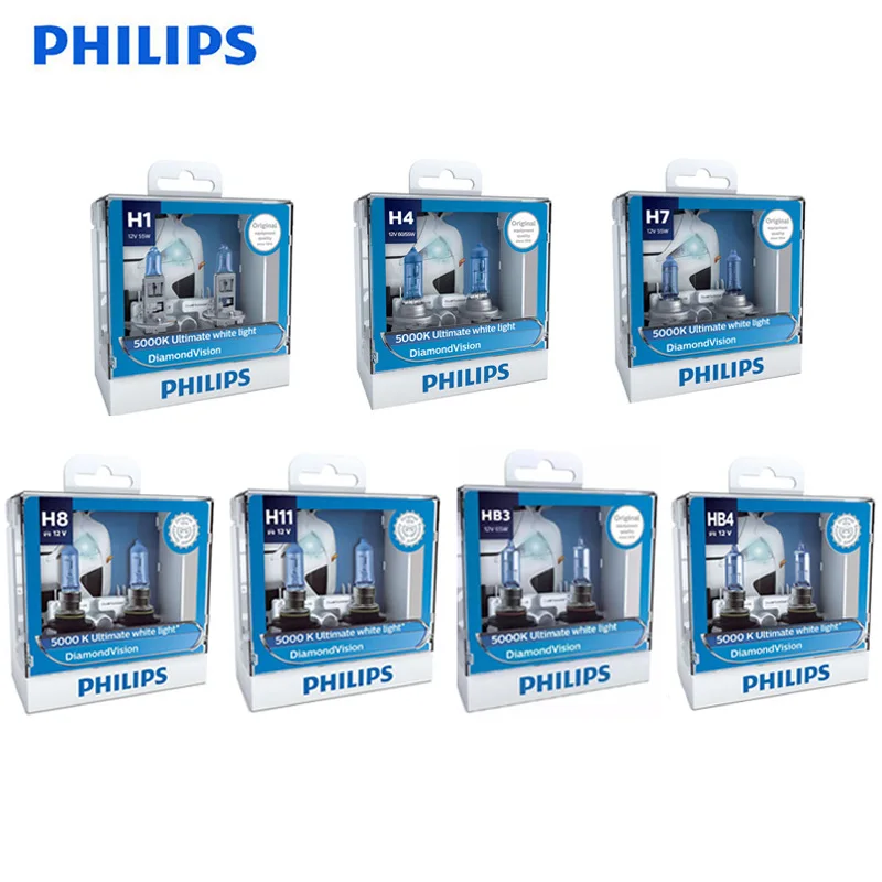 

Philips Diamond Vision H1 H4 H7 H8 H11 9005 9006 HB3 HB4 12V DV 5000K Cool White Light Car Halogen Headlight Fog Lamp,2X