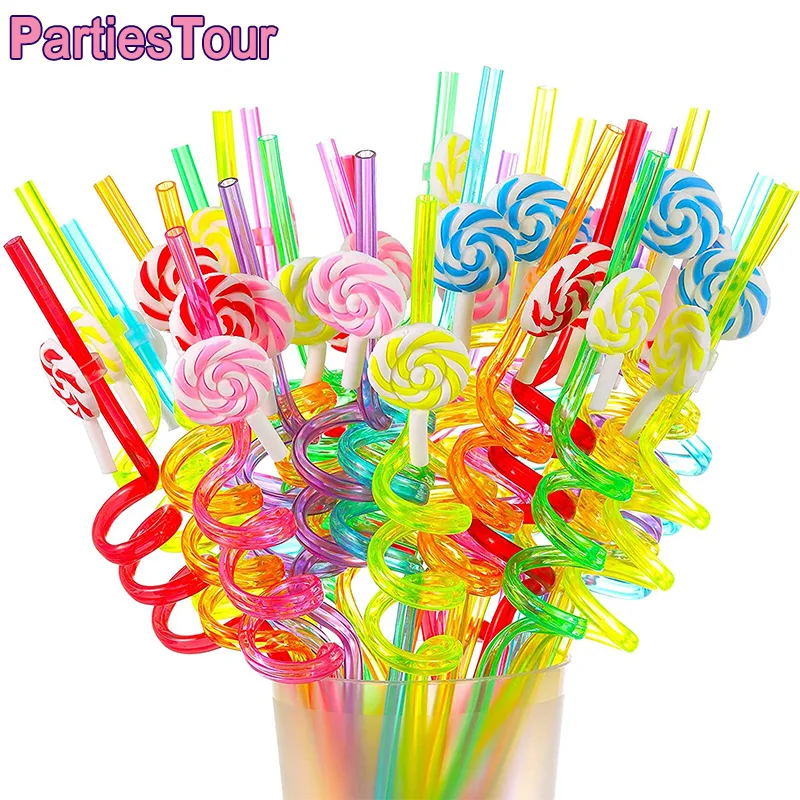8pcs 25cm Candyland Party Drinking Plastic Straws Reusable Kids Sweet Candy Lollipop Donut Grow Up Theme Birthday Party Favors