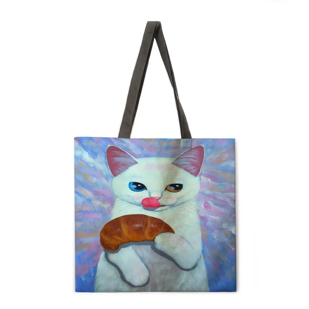 

Greedy cat print tote bag Ladies casual tote bag Ladies shoulder bag Reusable shopping bag Outdoor beach bag Fashion bag