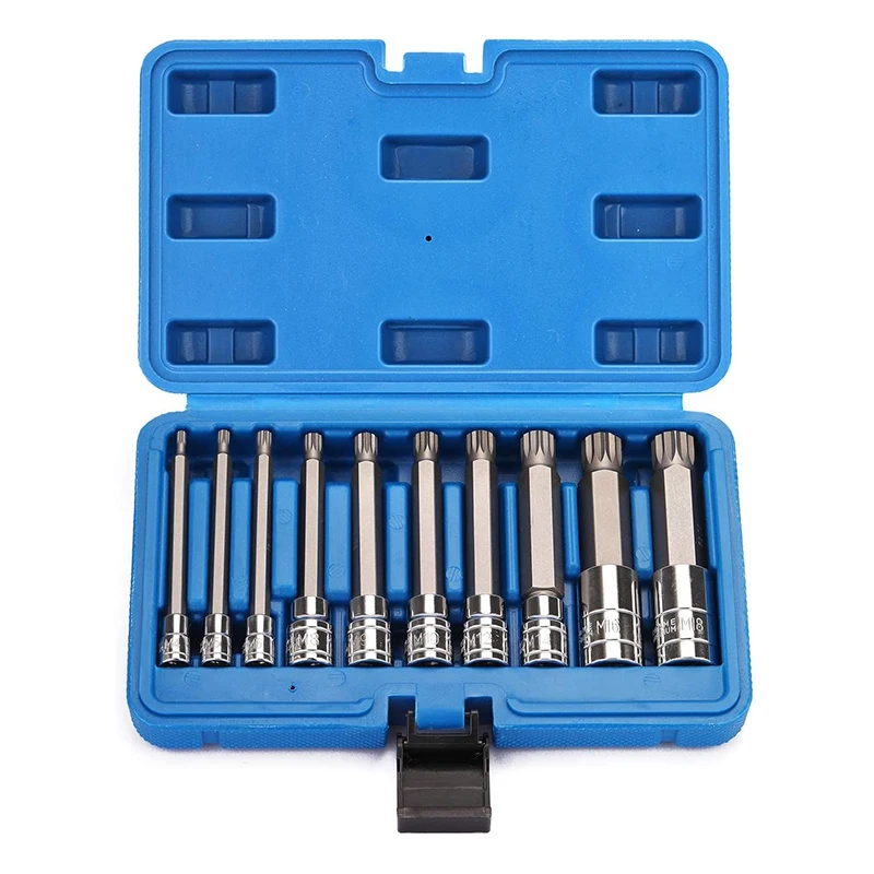 

10 Piece 4 inch Spline Tip Bit Socket Set M-Type Universal Sleeve M4-M18 Triple Square Spline Bit Socket Set
