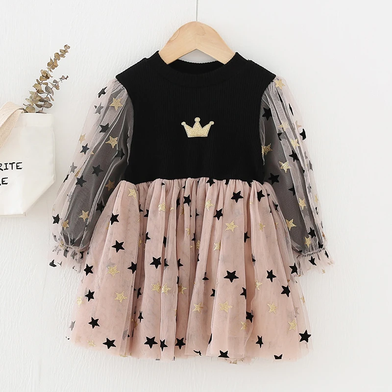 

Kids Girls Princess Dress Party Costumes 2021 New Spring Autumn Girl Cartoon Crown Dresses Toddler Stars Sequined Vestidos 2-6T
