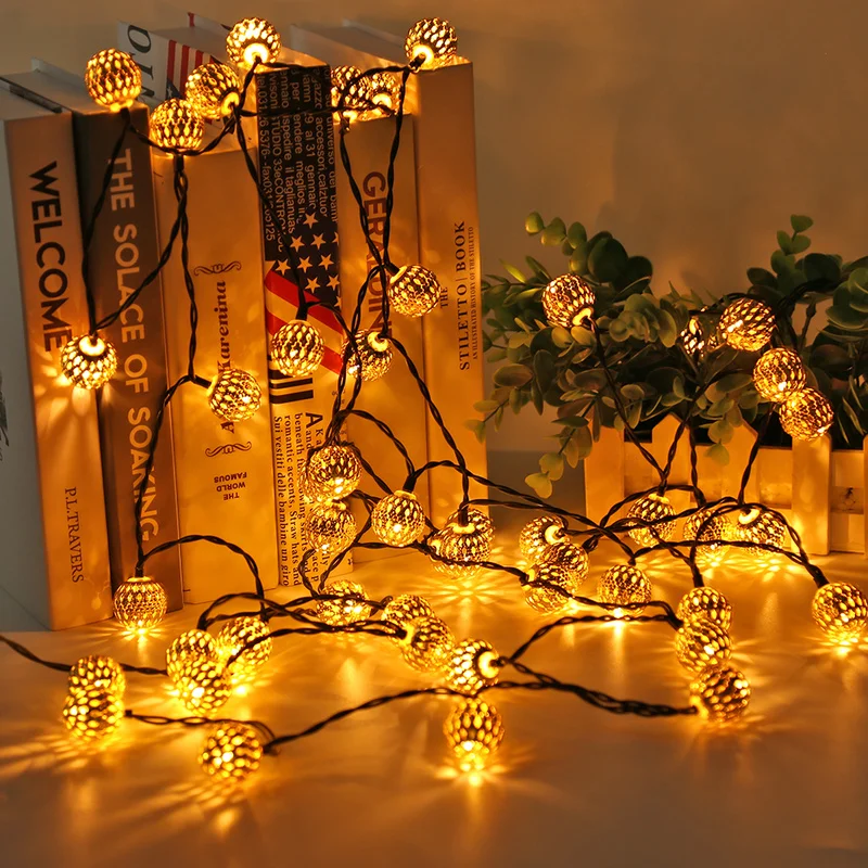 

10/20/40leds Christmas Decorations Iron Metal Hollow Out BallLamp String Outdoor Waterproof LED Christmas Light Decor Lighting