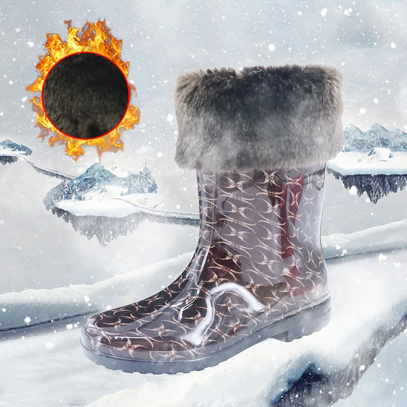 New Plush Lining Print Rain Boots Women Winter Mid-Calf Warm Water Boots Female Winter Waterproof Footwear Slip-on Rainboots
