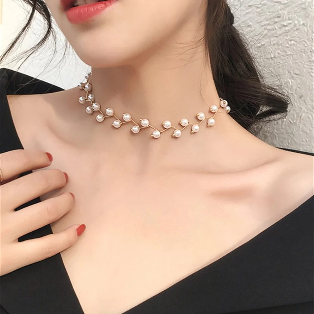 

Vintage Women Pearl Choker Necklace Fashion Statement Luxury Chain Necklaces Charm Trend Neck Jewelry Accessories Wholesale