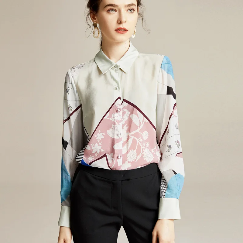 

2021 European and American Spring Women's Clothes New Elegant Lapel Long Sleeve Printed Silk Mulberry Silk Western Style Top
