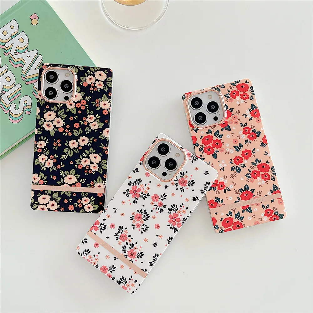 

Color Flower Square Soft Frame Electroplated Phone Case For iPhone 13 12 11 13PROMAX 13PRO 12PRO Shockproof Protective Cover