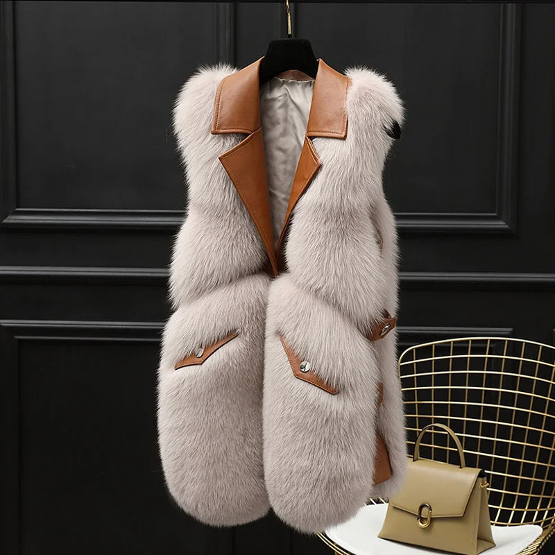 

Women High Quality Elegant Sleeveless Fox Fur Vest Fashion Warm Retro Spliced Waistcoat Single Breasted Gilet Coat Streetwear