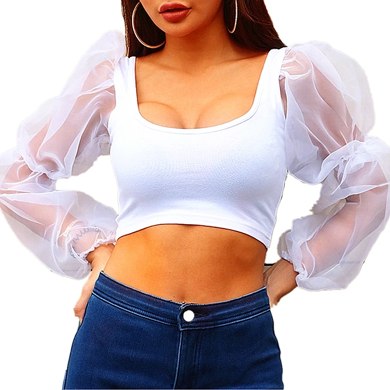 

2019 Women Mesh Lantern Sleeve Crop Tops Fashion Backless White Shirt Tops Streetwear Square Collar Chiffon shirt and Shirts