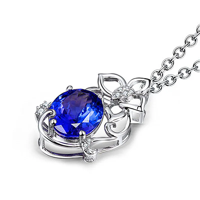 

Vintage Female Blue Oval Zircon Pendant Necklace Boho Silver Color Chain Necklaces For Women Cute Crystal Flower Wedding Jewelry