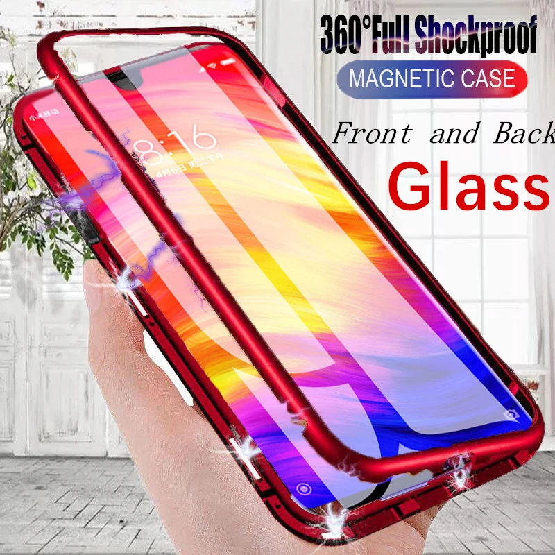 Double Sided Metal Glass Case For Redmi Note7 7pro Tempered glass 360° Adsorption Magnetic Flip Cases for Xiomi Note 7 pro cover |
