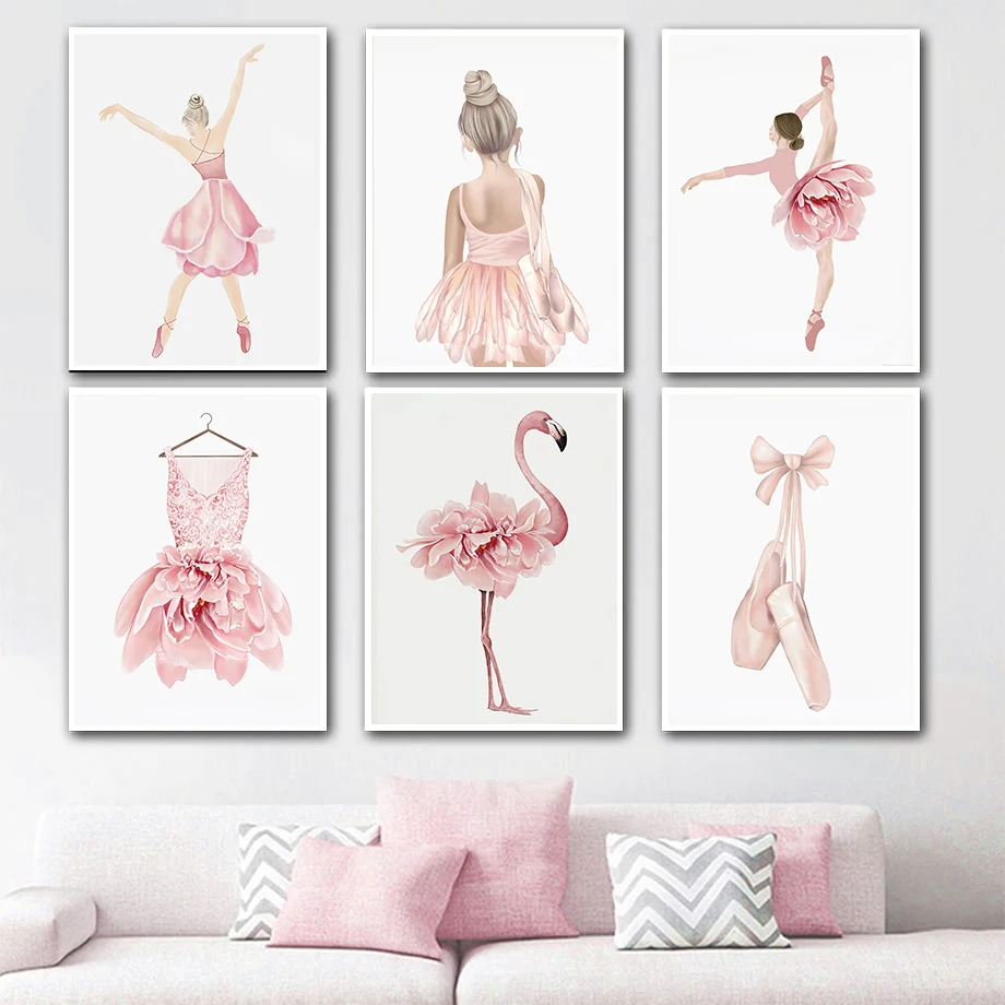 

Ballet Dance Skirt Shoes Flamingo Watercolor Wall Art Canvas Painting Nordic Posters And Prints Pictures Big girl Room Decor