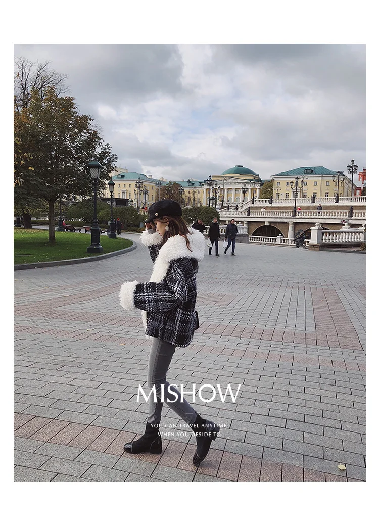 Mishow Зимние Короткие Шерстяные Пальто Женщин Плед Свободные Пальто С Длинным рукавом Большой Меховой Воротник Толстая Шерстяная Куртка Пальто MX18D8211