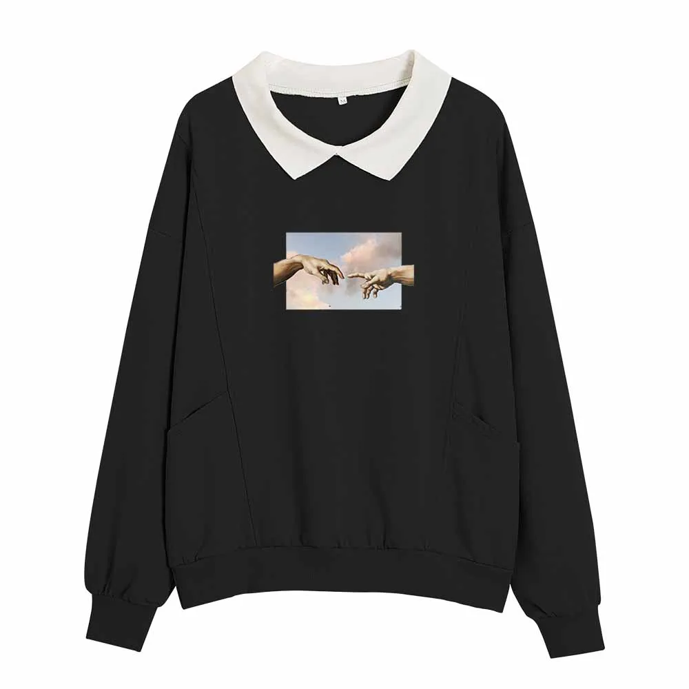 

Gesture Graphic Sweatshirt Pullover Women 2021 Turn-down Collar Cute Clothes Kawaii Hoodie Harajuku Aesthetic Long Sleeve Top