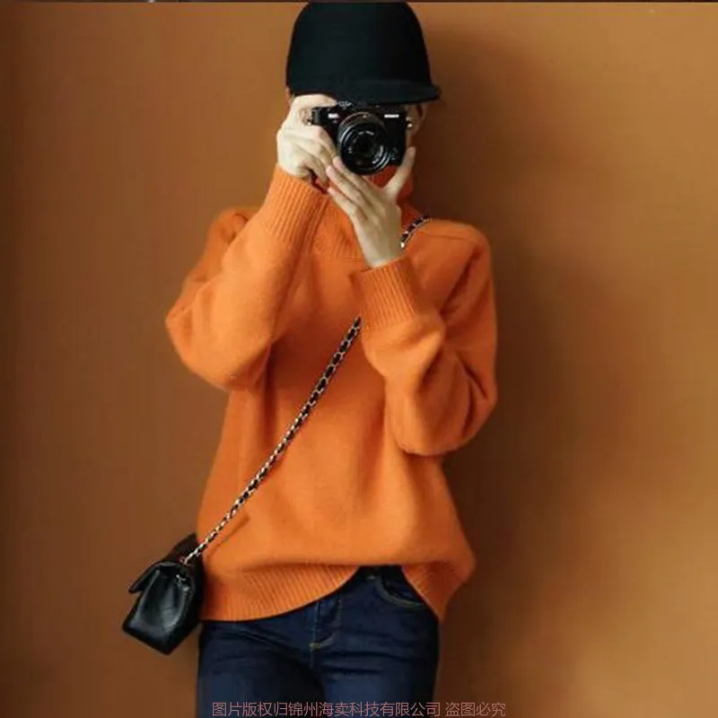 

Autumn Winter Orange Turtleneck Cashmere Sweater Women Thickened Pullover Sweater Casual Basic Jumper Knitted Sweater Loose Tops