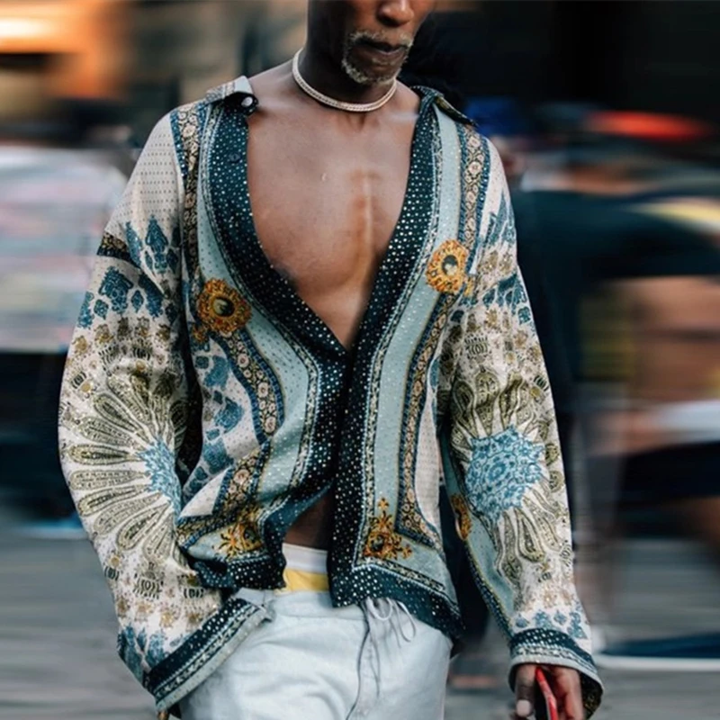 Men's Summer Large Size Loose Cardigan Shirt Print Casual Fashion Street Turtleneck Long Sleeve Shirt