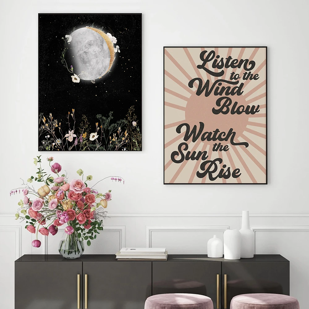 

Mystical Moon Stars Poster Sunburst Lyrics Quotes Canvas Painting Boho Art Print Norbic Wall Picture For Living Room Home Decor