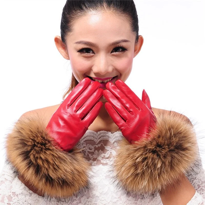 

Women's Luxury Winter Sheepskin Touch Screen Gloves Real Raccoon Fur Genuine Leather Glove Female Black Red Warm Fleece Mittens