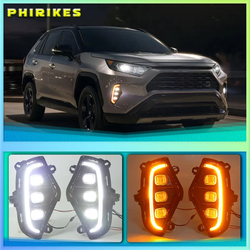 1Set Car LED Daytime Running Light DRL For Toyota RAV4 2019 2020 2021 Yellow Turn Signal Light Bumper Lamp Fog Lamp