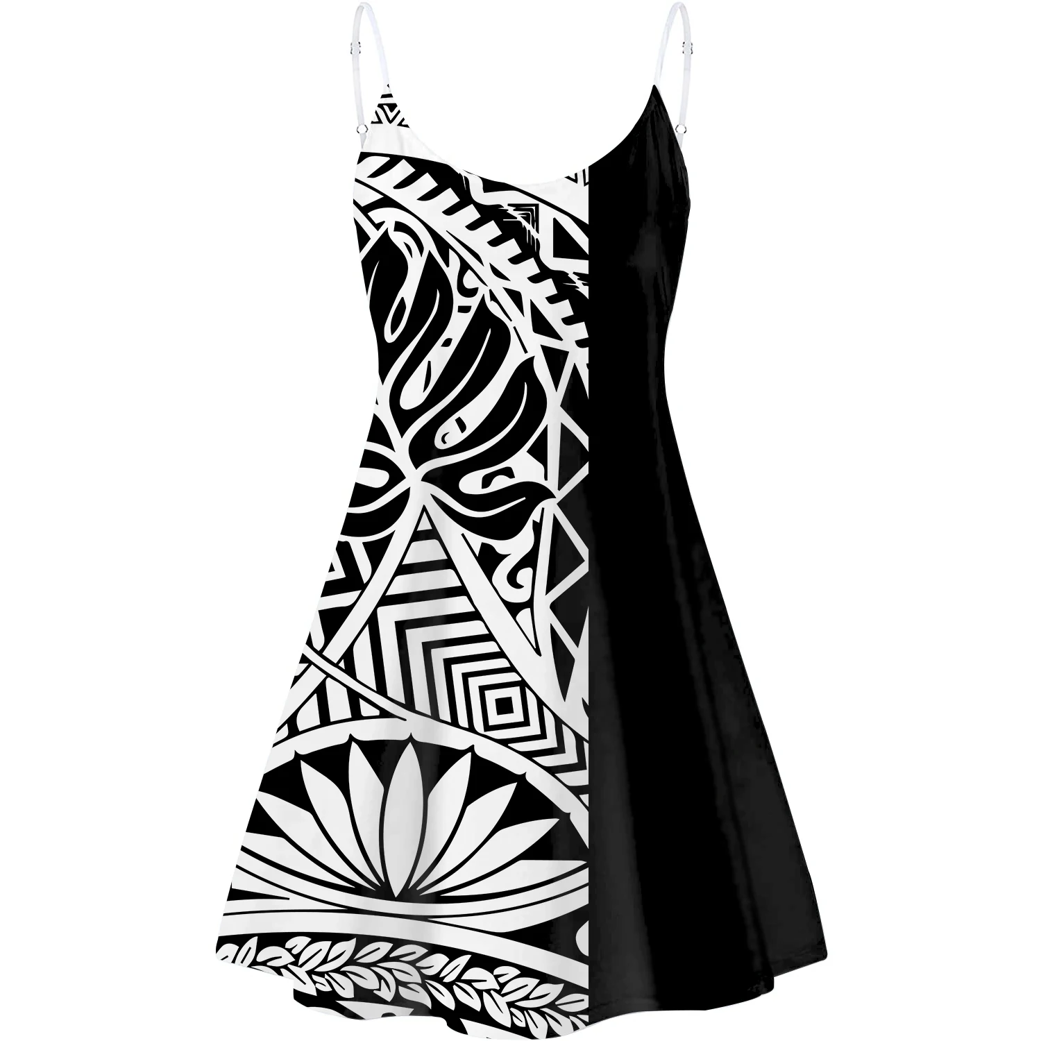 

Polynesian Tribal Palm Leaf Print Women Spaghetti Strap Party Dresses Casual Harajuku Backless Plumeria Floral Design Sundress