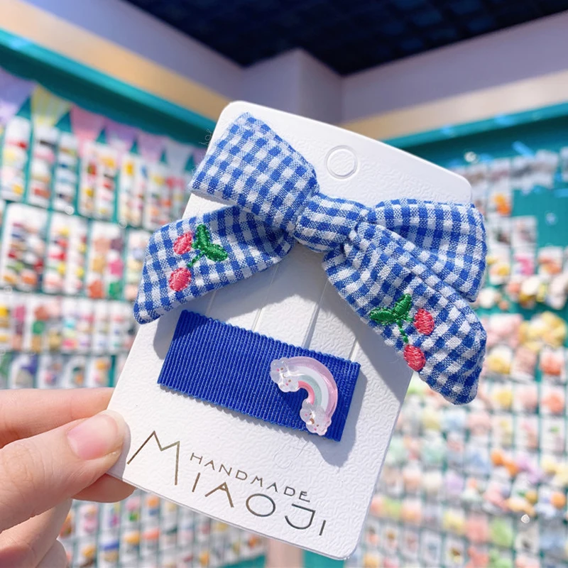 2Pcs/Set Kids Cartoon Hair Accessories Cherry Fruit Elastic Band Hairpins Headwear Set Girls Plaid Bow Clips Headdress |