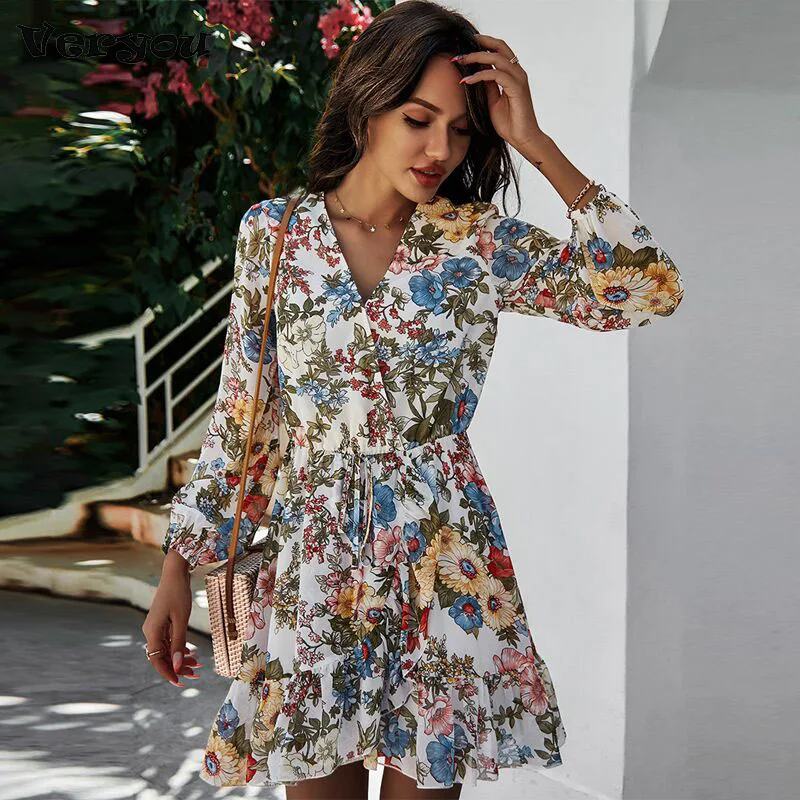

Spring New Print V Neck Dress Women Casual Full Sleeve Lace Up High Waist Dress For Women 2021 Summer Lady's Elegant Dress