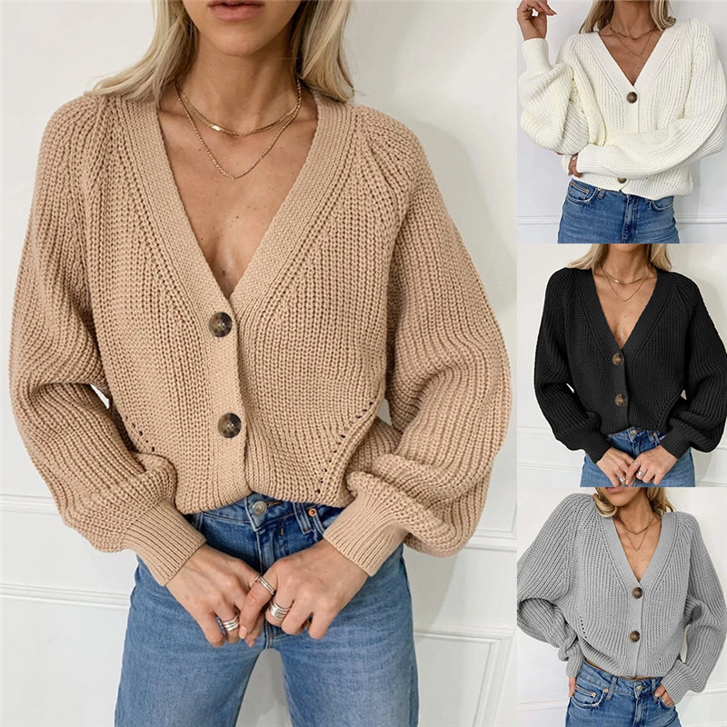 

2020 Women Solid Cardigans Autumn Casual Batwing Sleeve Knitted Sweater Fashion Oversize V-Neck Button Female Knitwear Outwear