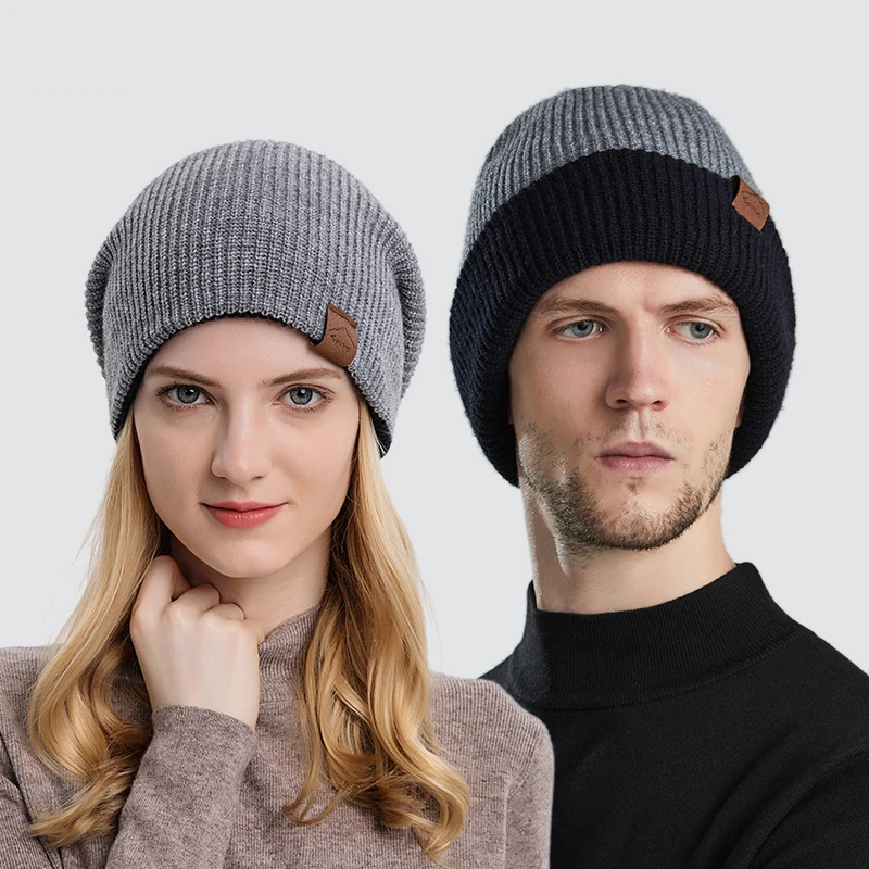 

New Autumn and Winter Knitted Hat Men's and Women's Solid Color Warm Hat Winter Couple Hat Color Contrast Beanies for Male